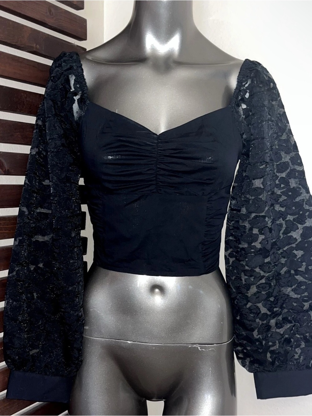 NWT Zara Black Ruched Cheetah Sheer Lace Long Sleeve Blouse Crop Top